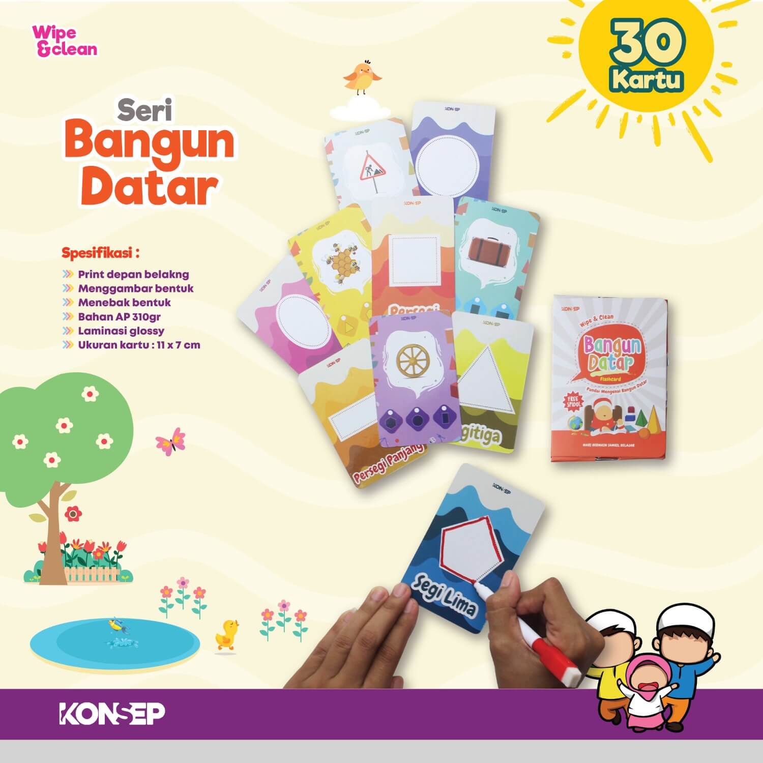 Flash Card Wipe & Clean Bangun Datar - Kartu Belajar Anak Bergambar - Konsep Studio